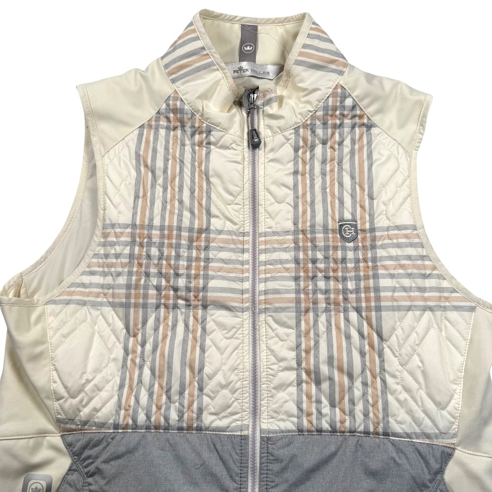 Peter Millar Lizzie Hybrid Vest Womens Large Cream Gray Plaid Quilted Full Zip